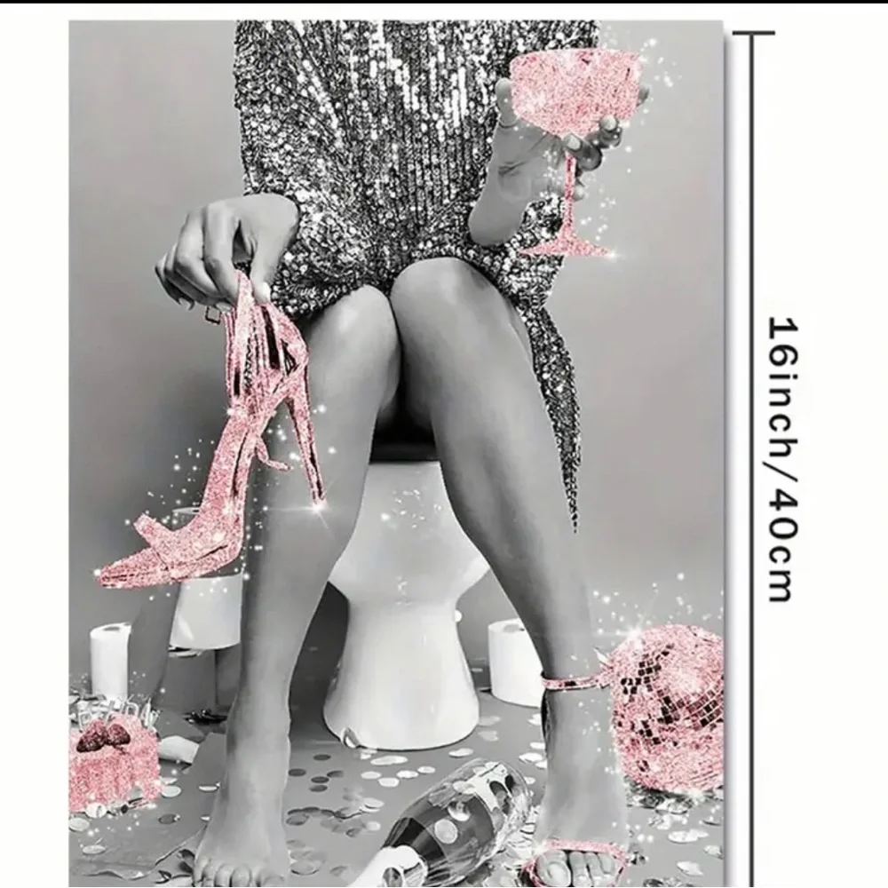 Ungramed Women on Toilet - Fashion Wall Art Bathroom Black glitter pink 8x11
